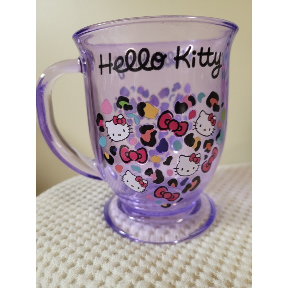 Hello Kitty Purple Leopard Whimsical Heart Print Mug 15oz Glass Cup LUV Gift NWT